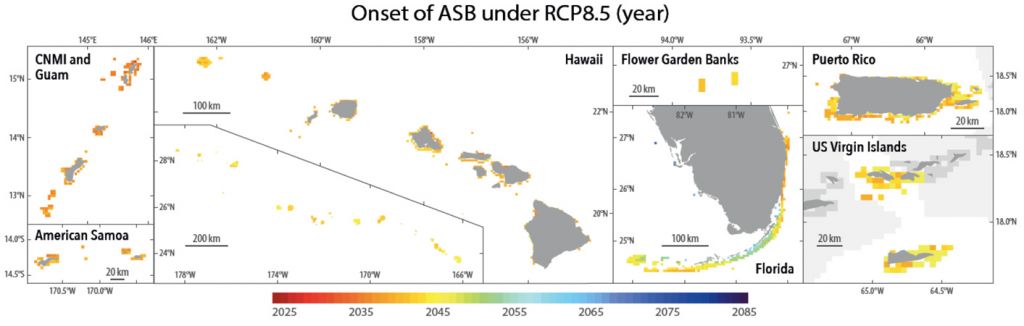 Color-coded maps of several global coral locales illustrating a range of predicted years of onset for annual severe bleaching, mosly from 2035 to 2050.