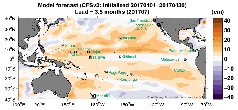 A map of the Pacific basin bears colored swaths showing areas of higher than normal sea levels north and south of the equator in July 2017.