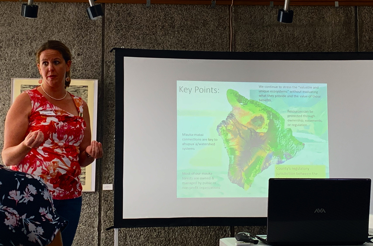 Bethany Morrison presenting a slide of key points at the MCC meeting.