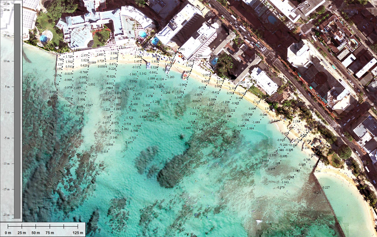 Aerial view of one section of beach and near offshore, with numbers superimposed showing depths along traverses perpendicular to the coastline