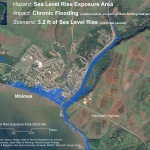 Map of Waimea area with superimposed color illustrating flooded areas at 3.2 feet of sea level rise