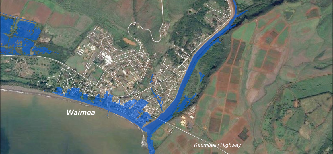 Map of Waimea area with superimposed color illustrating flooded areas at 3.2 feet of sea level rise