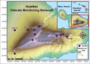 Map of the HaleNet Climate monitoring network located on Maui, HI.