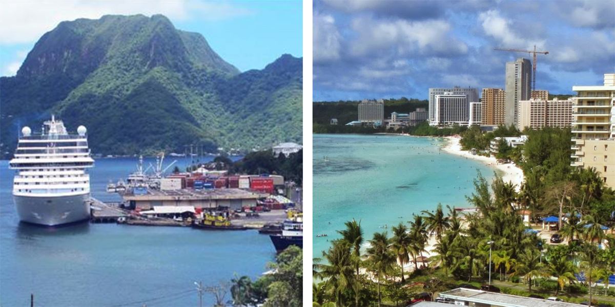 Scenic pictures of Pago Pago Bay and Tumon Bay.