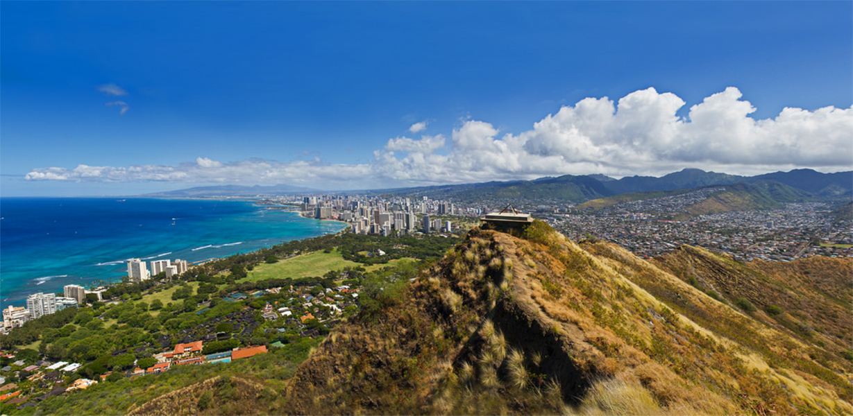 A view from the top of Diamondhead crater shows landscapes from coastal to mountainous.