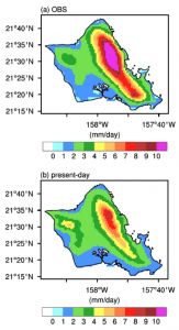 Color-coded maps illustrate match of modelling results of predicted rainfall to observed.