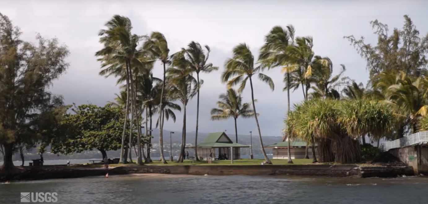Video still of Moku Ola island with large coconut trees, beach pavilions, small sandy shoreline, flat top shape, and grassy fields.