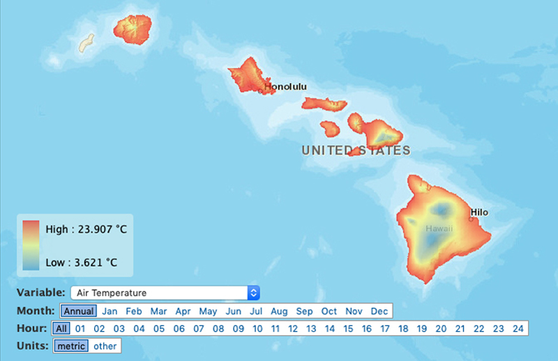 Map of the Hawaiian Island chain is colored in bands, illustrating the strong variability of temperatures around and across the islands