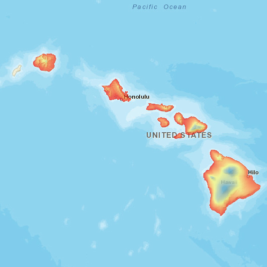 Map of the Hawaiian Island chain is colored in bands, illustrating the strong variability of temperatures around and across the islands