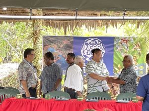 Deputy Assistant Secretary Keone Nakoa (in first photo) signed the MOU on behalf of the Department of Interior and shaking hands with other signees from NPS, and the Palau Ministry of Finance.