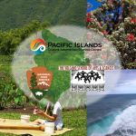 Collage photo of Hawaii places (forest, blooming red ohia tree, NPS park ranger and youth pounding kalo/taro, and sea arch along the ocean). The picture has three logos for partners in the middle (PICASC, NPS, Volcano School) and a Hawaii Island inset.