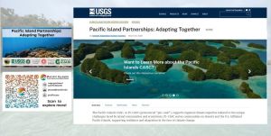 Photo of business card with QR code and reef picture alongside photo of homepage of USGS CASC Oceans page with pacific islands background picture on top.
