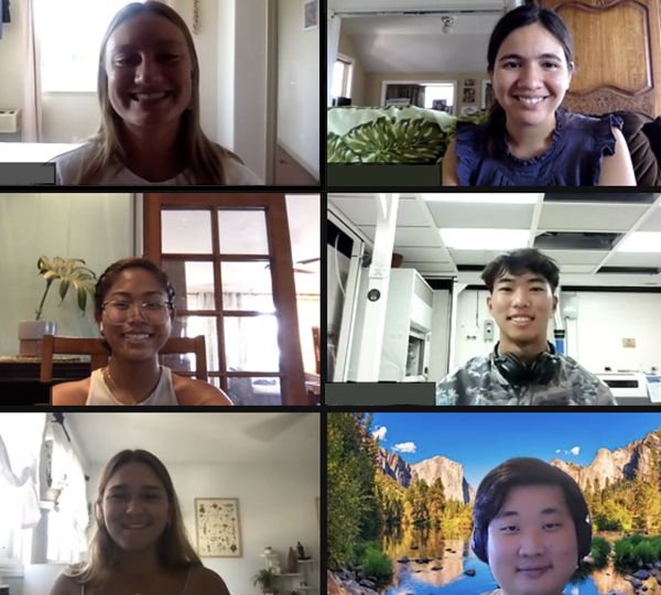Six students smile from within zoom boxes