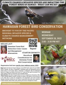 A flyer of the Pacific RISCC webinar, Hawaiian Forest Bird Conservation