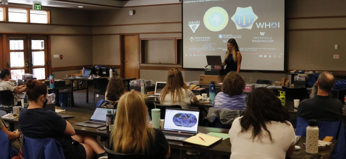 Individuals sit at tables and watch a presenter standing in front of a projector screen.
