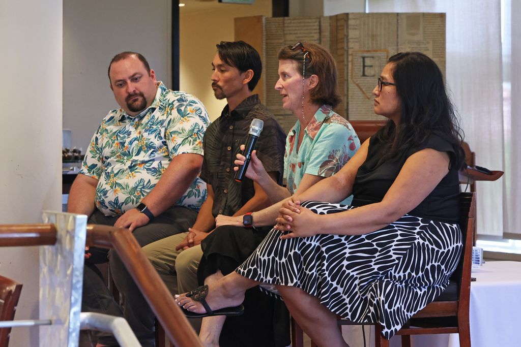 Two men and two women are seated in a row, looking onward. One of the women is holding a microphone.