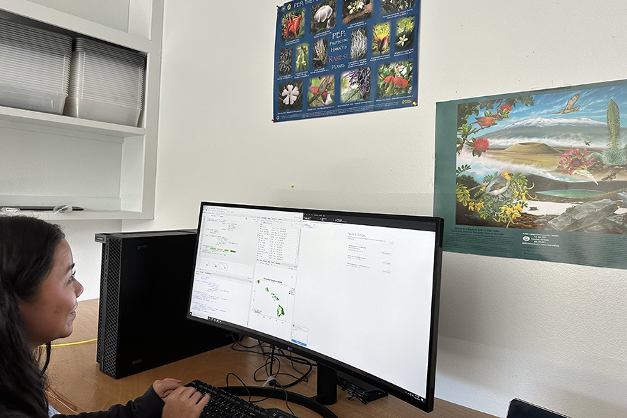 A student sits in front of a wide curved computer monitor with maps and computer code displayed. Colorful posters of Hawaiian plants, animals, and landscapes adorn the wall in front of the desk.