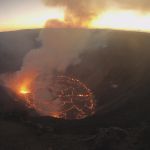 Kīlauea summit on December 24, 2020. The water lake has been replaced by a lava lake; fissures in the wall of Halemaʻumaʻu feed a lava lake that continues to fill the crater.