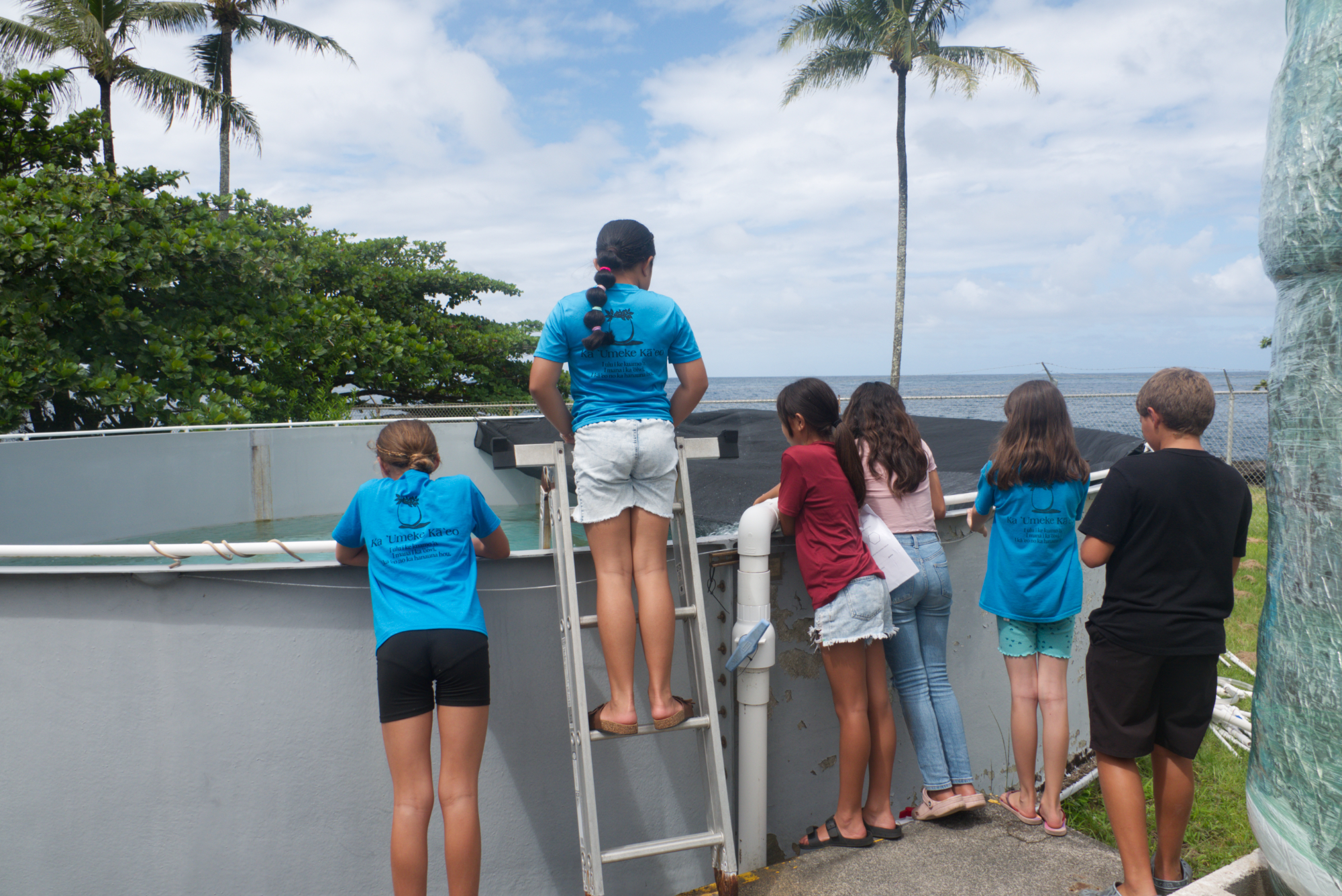 Students on their tipy-toes looking into a large barrel.